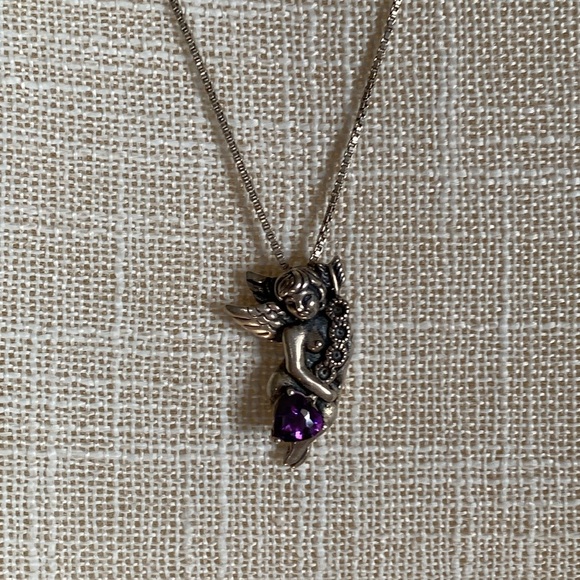 VINTAGE CHERUB GUARDIAN ANGEL W/ AMETHYST CRYSTAL 925 STERLING PENDANT NECKLACE - Picture 16 of 16